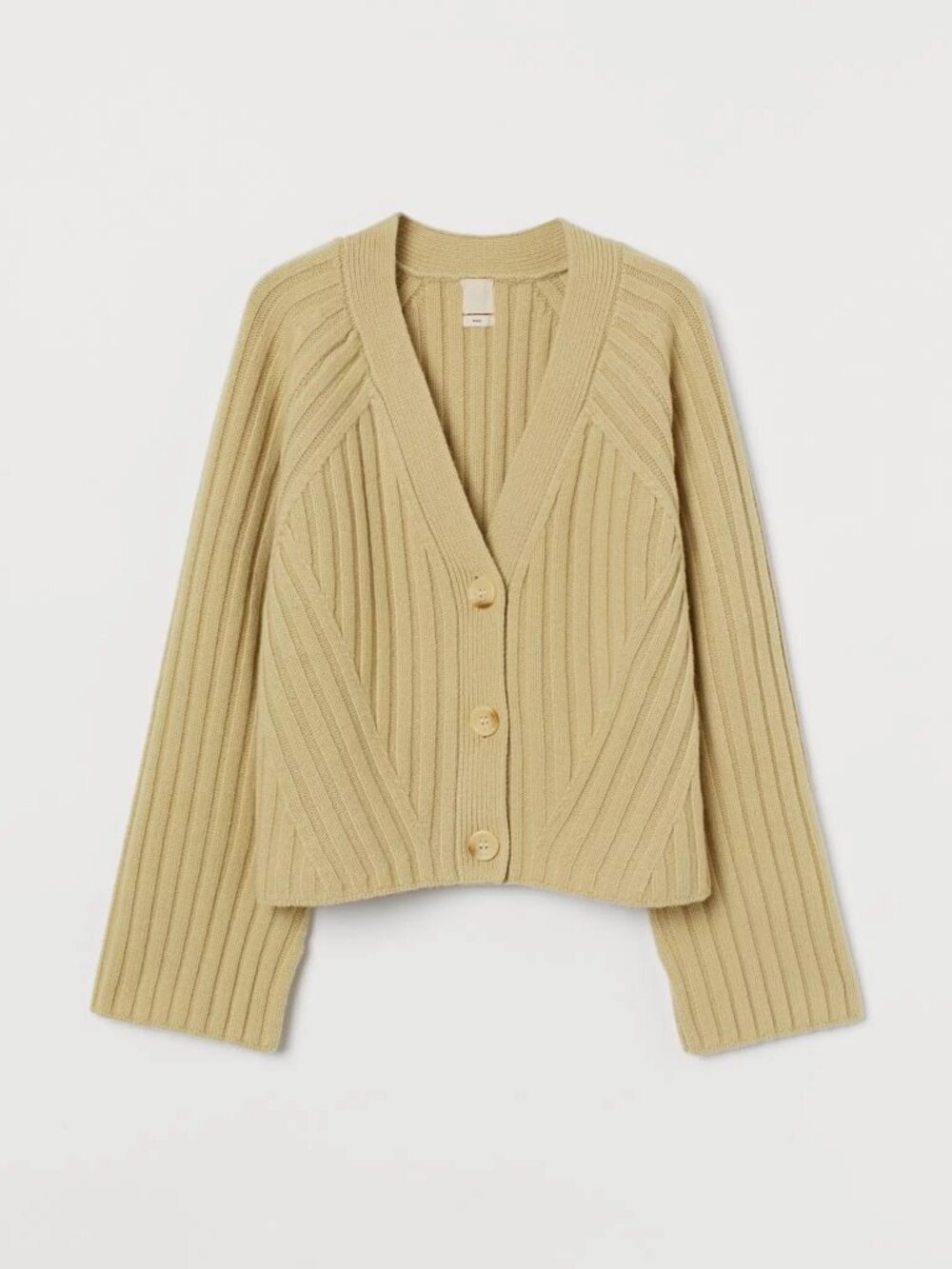 H&M 100% Wool Ribbed Knit Cardigan Sweater V-Neck Yellow Beige S